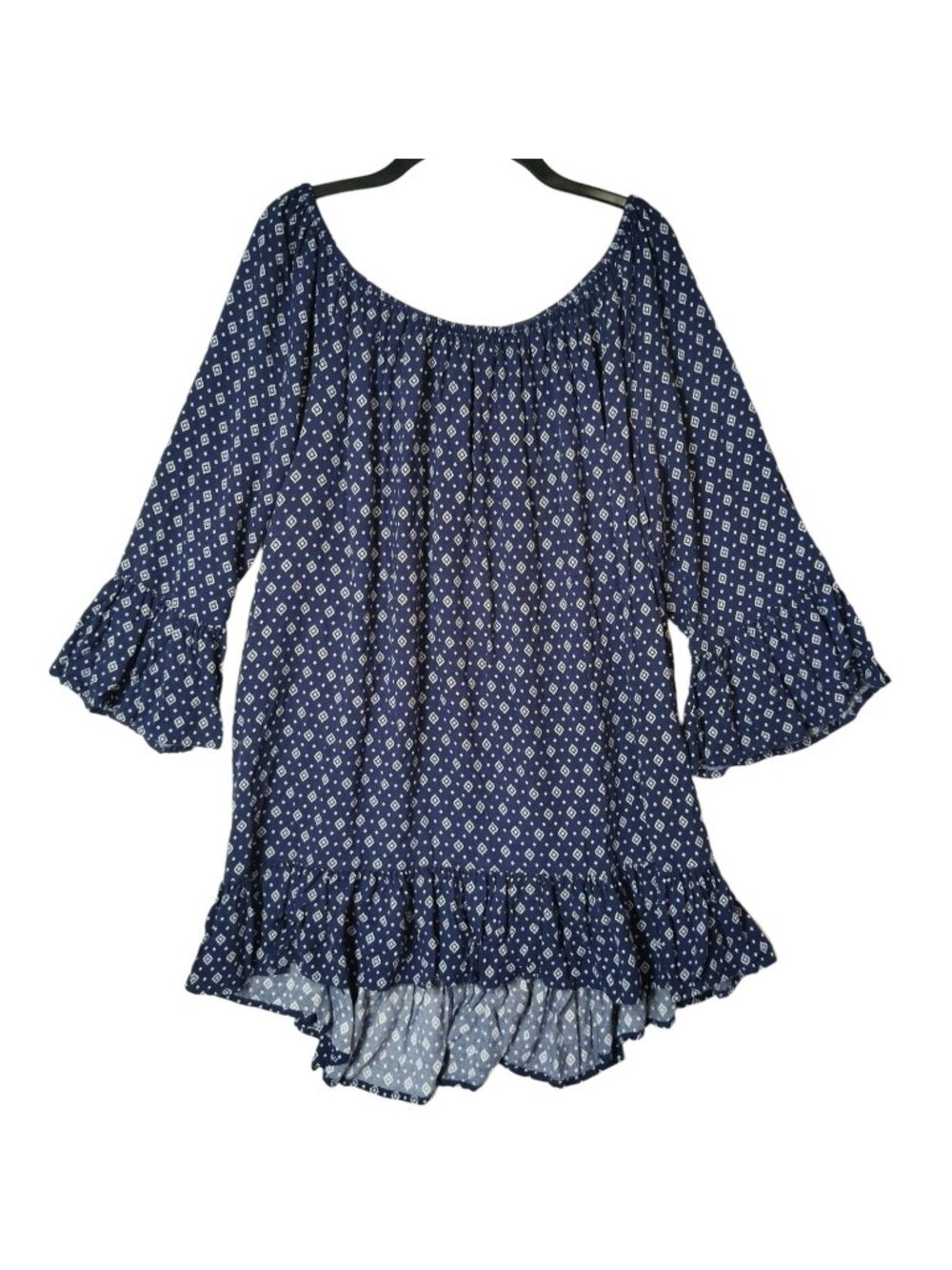 Terra & Sky Size 1X Ruffle Top 3/4 Sleeve Off Shoulder Blue White Women's